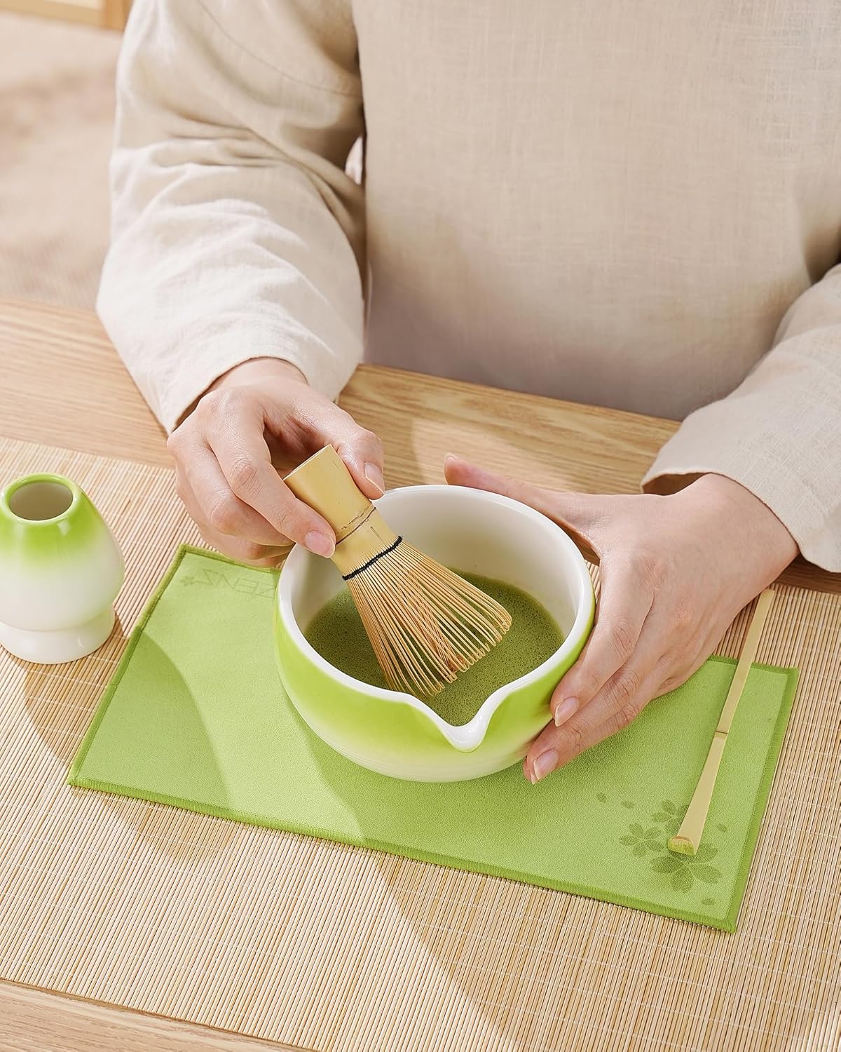 ZENS Matcha Whisk Set, 15oz Hand-Glazed Matcha Bowl with Spout and Bamboo Whisk, Whisk Holder (Chasen), Scoop & Tea Towel, 5pcs Matcha Tea Set Gift for Matcha Ceremony, Green