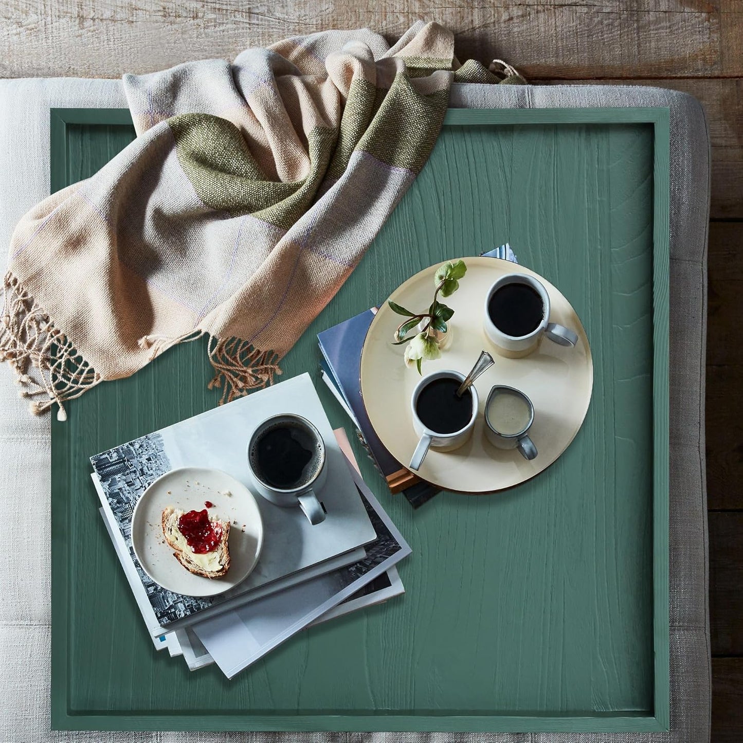 Square Ottoman Table Tray 24" - Rustic Wooden Serving Tray for Farmhouse Decorative Oversized Coffee Table Trays Living Room Kitchen Counter Breakfast Green