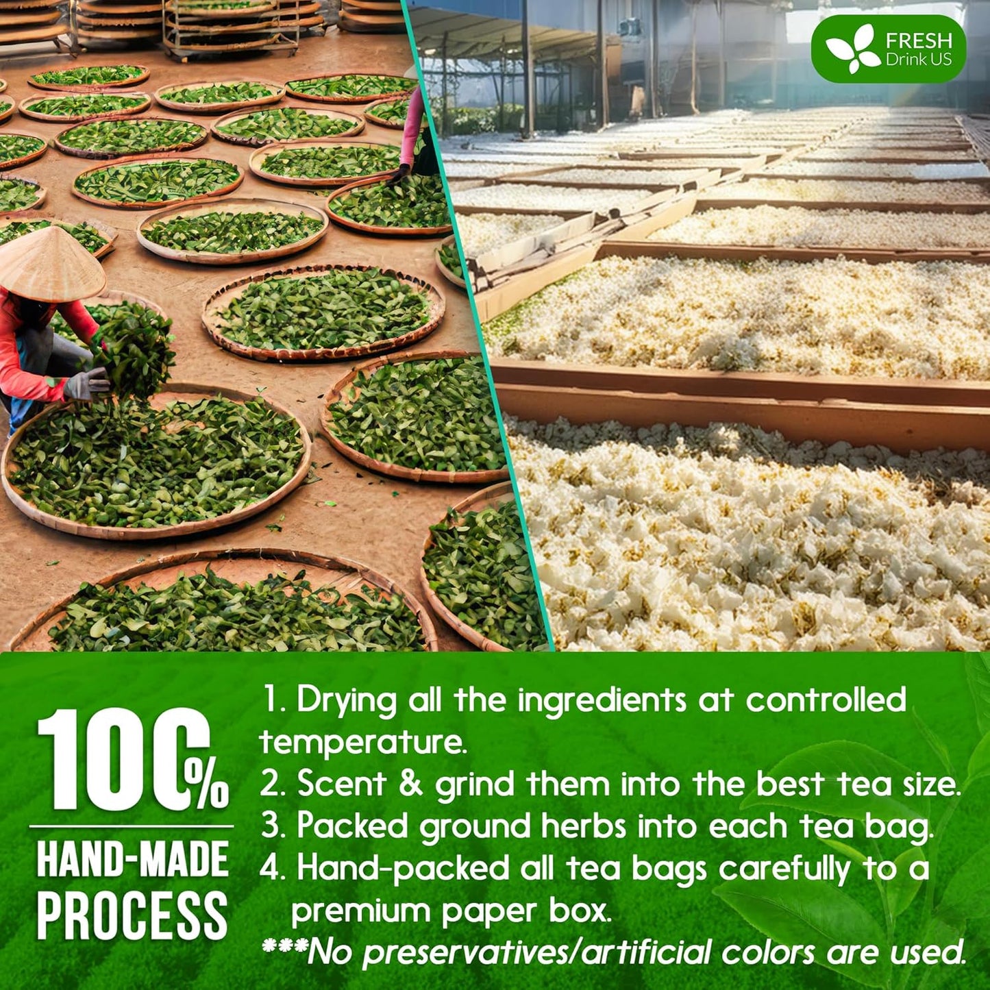 FreshDrinkUS, Premium 20 Tea Bags of Jasmine Green Tea, 100% Natural. Exquisite Flavor, Handpicked Leaves, Perfect for Tea Lovers. No Sugar, No Gluten, Vegan.