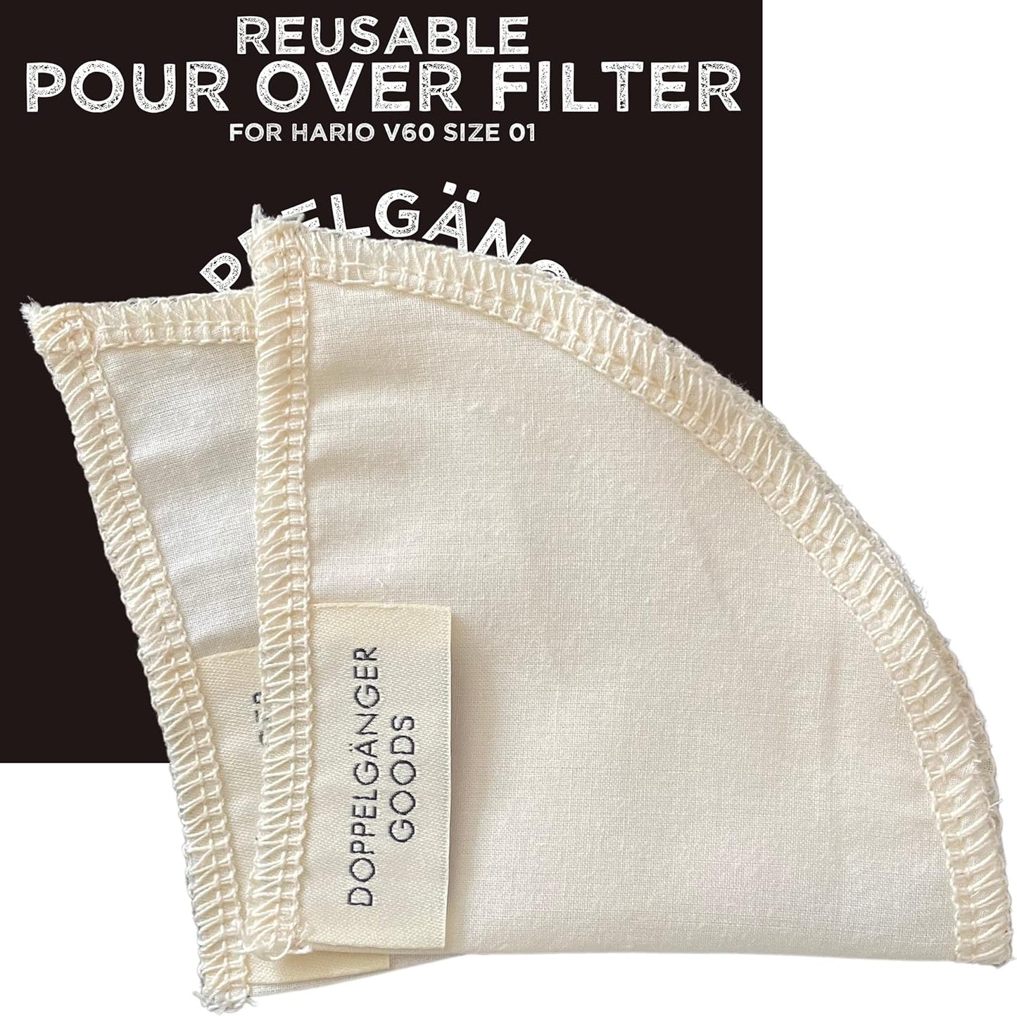 (2-Pack) Reusable Organic Cotton Filters for Hario V60 and Origami Style Pourover Coffee Filters, Ceramic Cup, Glass, Plastic Dripper (Size 01, 1-2 Cups)