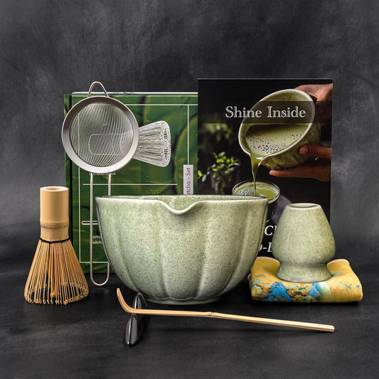 Green Matcha Whisk Set – 7 Pcs Japanese Matcha Kit, Bowl (Chawan) with Spout, Bamboo Whisk (Chasen) & Holder, Scoop (Chashaku), Sifter, Tea Towel – Perfect for Matcha Lovers & Tea Ceremony