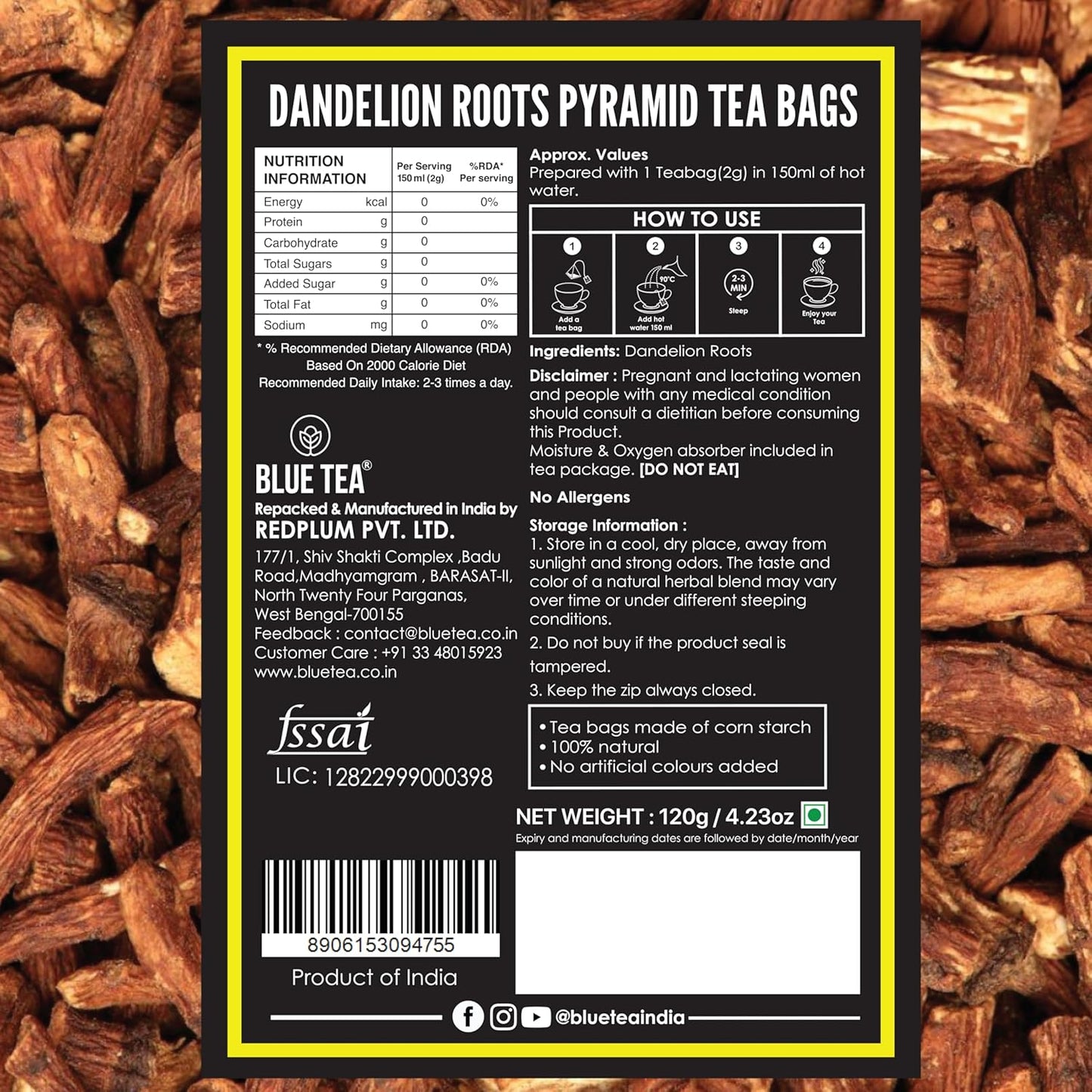 BLUE TEA - Dandelion Root Tea - 60 Count - Pyramid Plant Based Tea Bag | Support Kidney Function and Healthy Digestion | Detox Tea | Herbal Tea - Caffeine Free - Non-Bitter - Mild Flavor | Zipper Pack