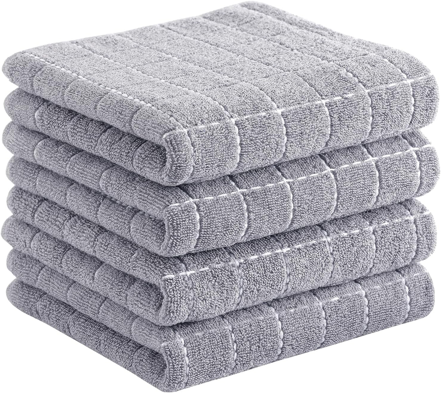 Homaxy 100% Cotton Terry Kitchen Towels(Light Grey, 13 x 28 Inches), Checkered Designed, Soft and Super Absorbent Dish Towels, 4 Pack
