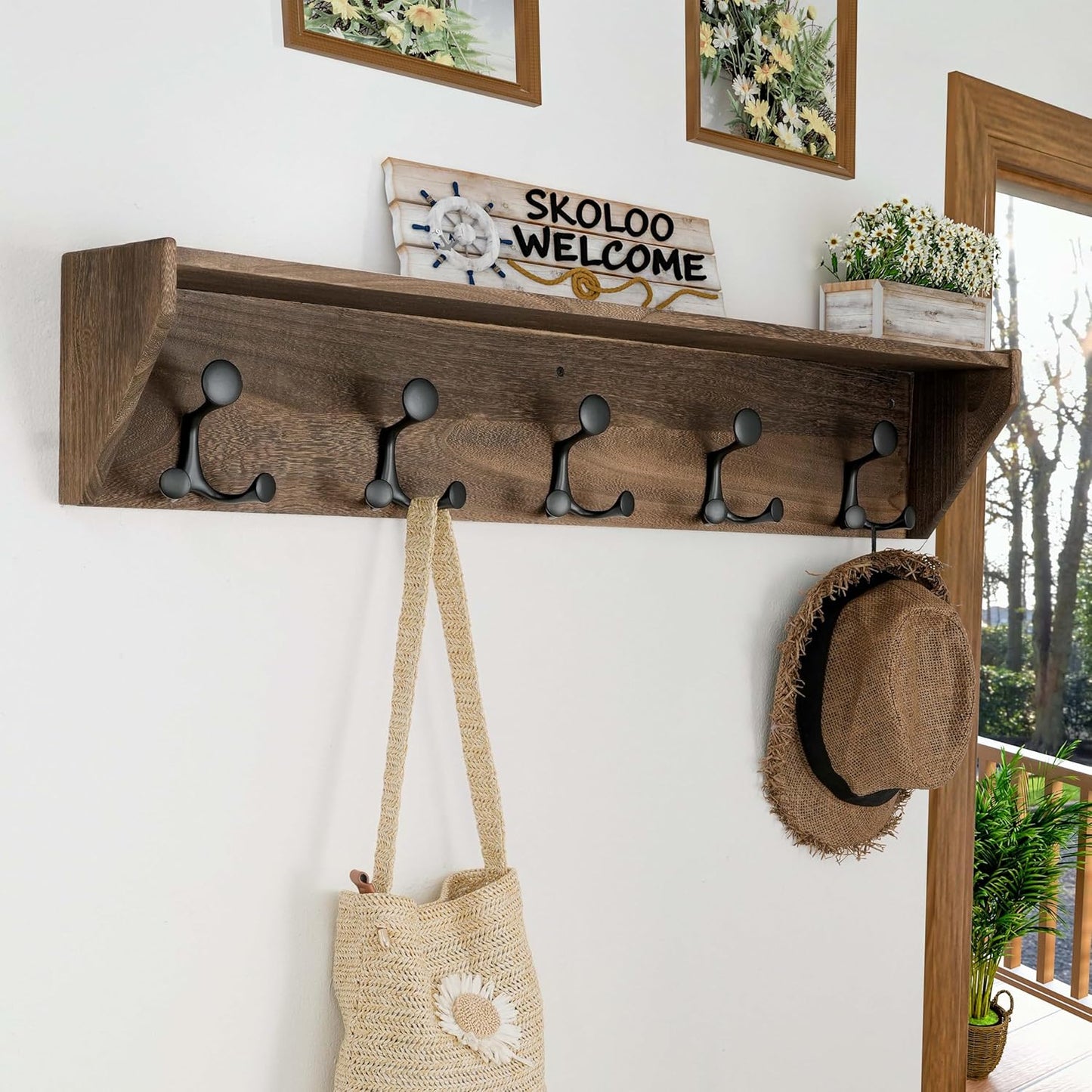 SKOLOO Wall Shelf with Hooks, 35-Inch Weathered Brown Coat Rack Wall Mount with Shelf Organizer - Lightweight & Sturdy, 5 Tri Hooks - Perfect for Entryway, Hallway, Living Room, Bedroom, Mudroom