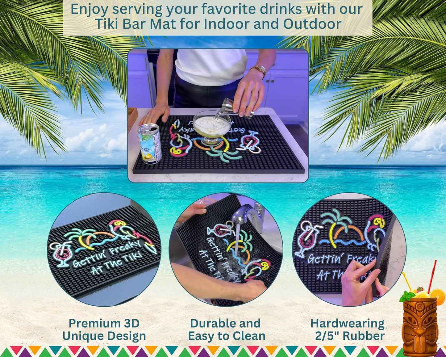 Tiki Bar Mats for Countertop - Perfect Bar Sign Gettin Freaky at The Tiki 18x12 in - Kitchen Counter Decor Tiki Bar Accessories, Tiki Bar for Outside Patio Rubber Bar Mats, Luau Mats for Bartending