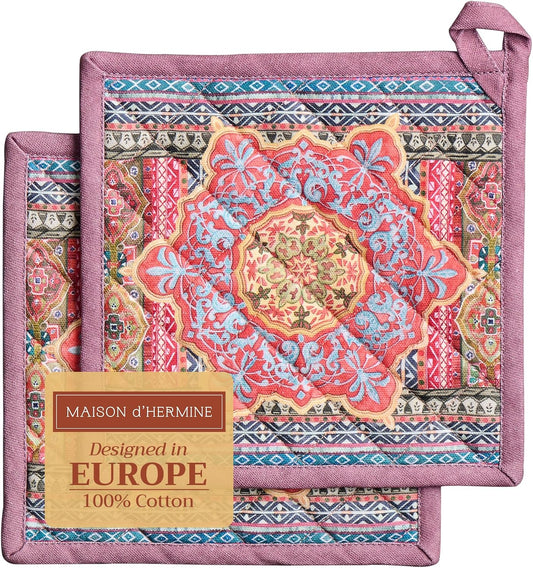 Maison d' Hermine Pot Holders Set 100% Cotton Heat Resistant Potholders 8" x 8" Hot Pads with Loop BBQ, Cooking, Baking, Grilling, Kitchen, Handling Hot Pans (Pack of 2, Ispahan)