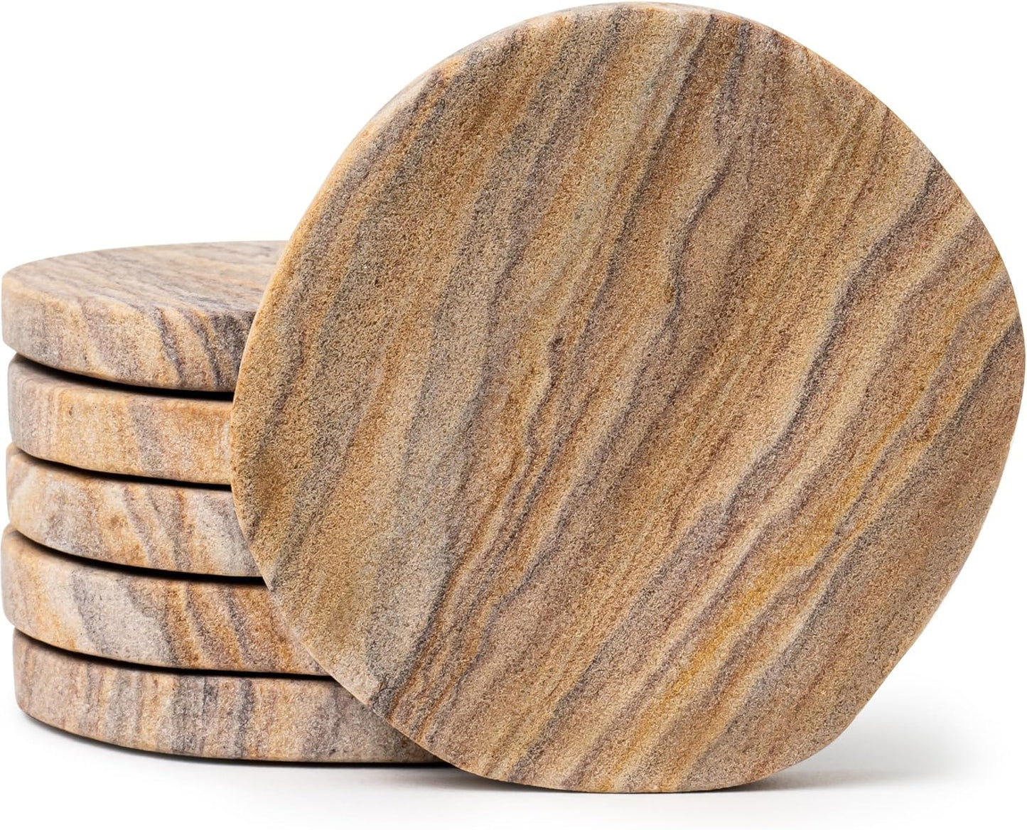 Cork & Mill Absorbent Coasters Set of 6 - Water Absorbing Sandstone Coasters for Drinks - Perfect for Coffee Table, Office Desk, Outdoor, Bedroom Nightstand - 4" Round - Unique Irregular Edge Design