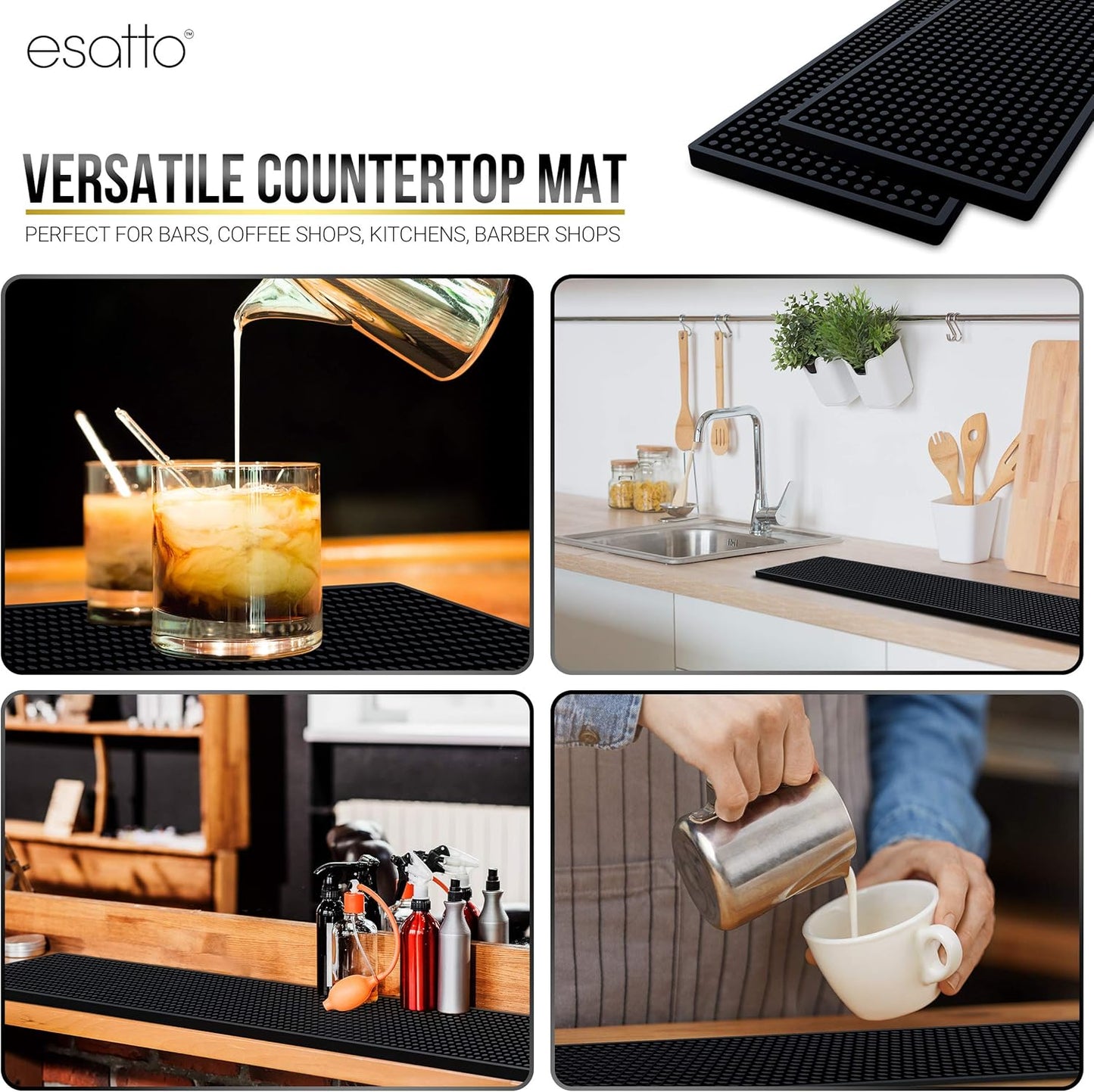 Esatto 27.5” x 3.87” XL Professional Service Spill Bar Supply Mat Anti-Skid Bartender Mat Non-Slip Black Bar Mat for Coffee Drinks Mixing Pad for Bars, Home, Kitchen, Pubs, Restaurants (2 Pack, Black)