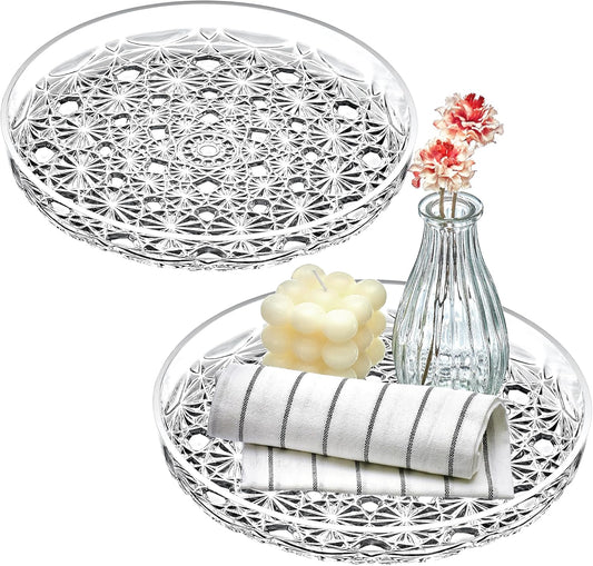 Amazing Abby - Luna - 2-Pack Acrylic Vanity Tray (10" Dia.), Plastic Bathroom Countertop Organizer, Round Coffee Table Tray, Clear Dish for Home Decor, Great for Makeup, Perfume, Jewelry, and More