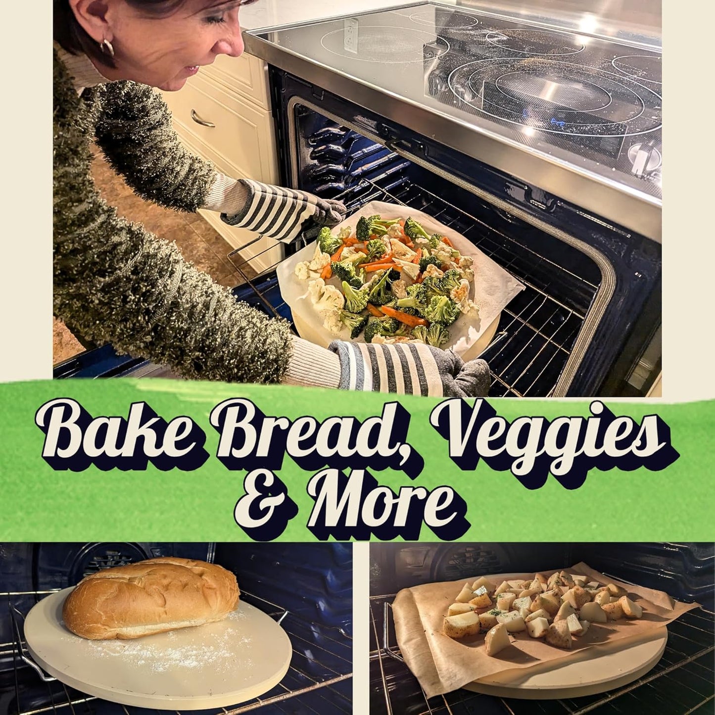 Large Pizza Stone for Oven 16 inch - Round Pizza Stone for Grill with Handles, Wood Pizza Peel and Cutter Set - Baking Stone for Bread - Pizza Making Kit Accessories - Gifts for Food Lovers