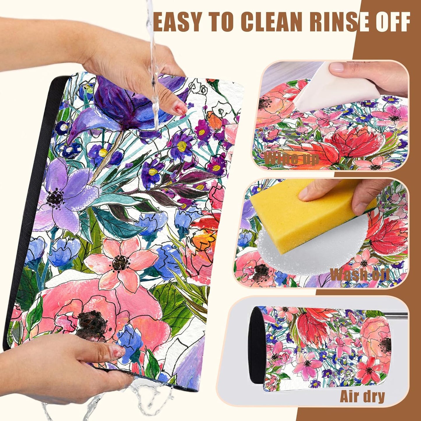 Dish Drying Mat Watercolor Colorful Floral Coffee Bar Mat for Countertop Absorbent Rubber Backed Hide Stain Dish Drainer Rack Pad Coffee Maker Espresso Machine Dining Room Decor 15.7 x 23.6 Inch