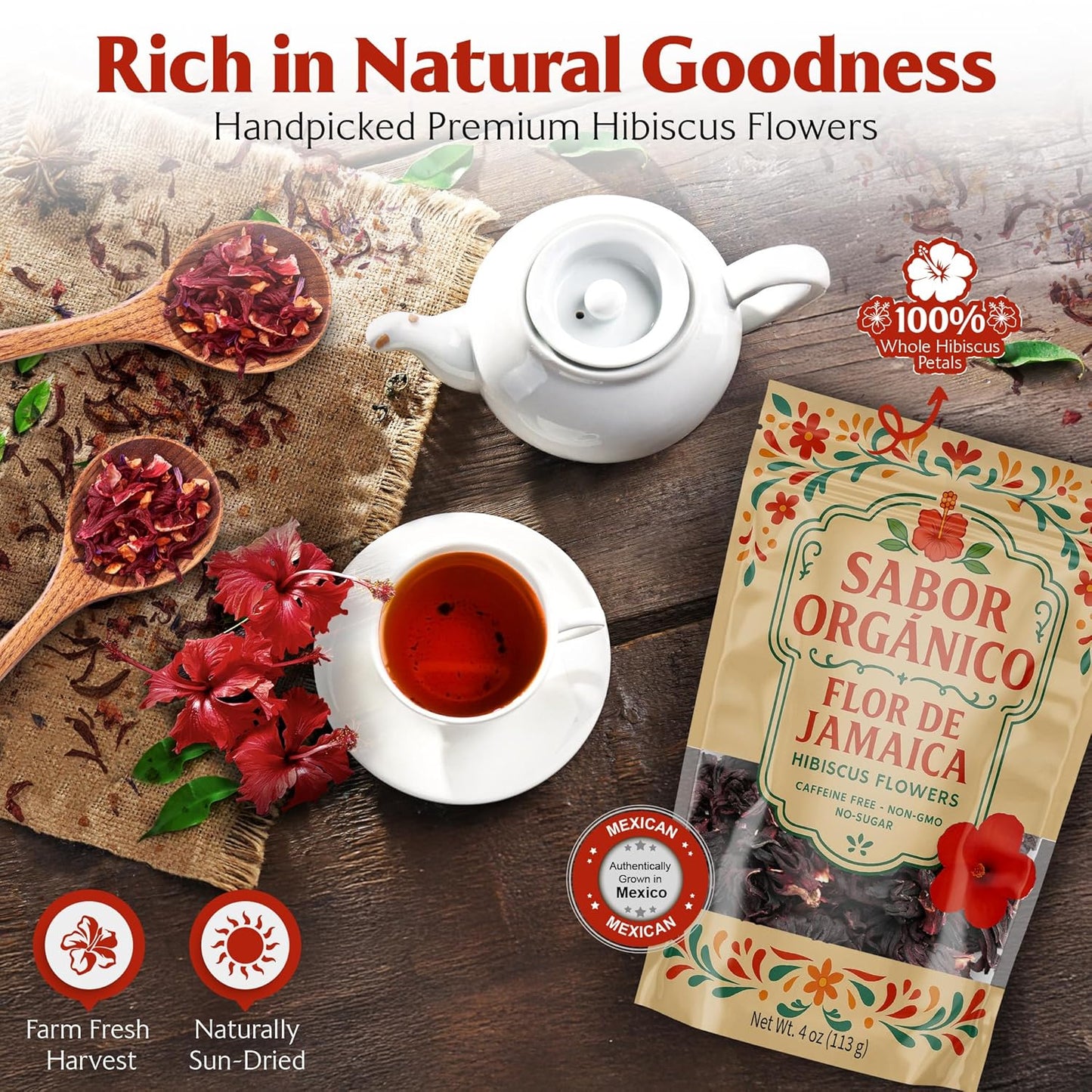4oz Dried Hibiscus Flowers perfect for Tea and Mexican Agua de Jamaica | Flor de Jamaica Organica Natural | Flor de Jamaica Non-GMO, No Preservatives Resealable Stand-up pouches | by Sabor Orgánico