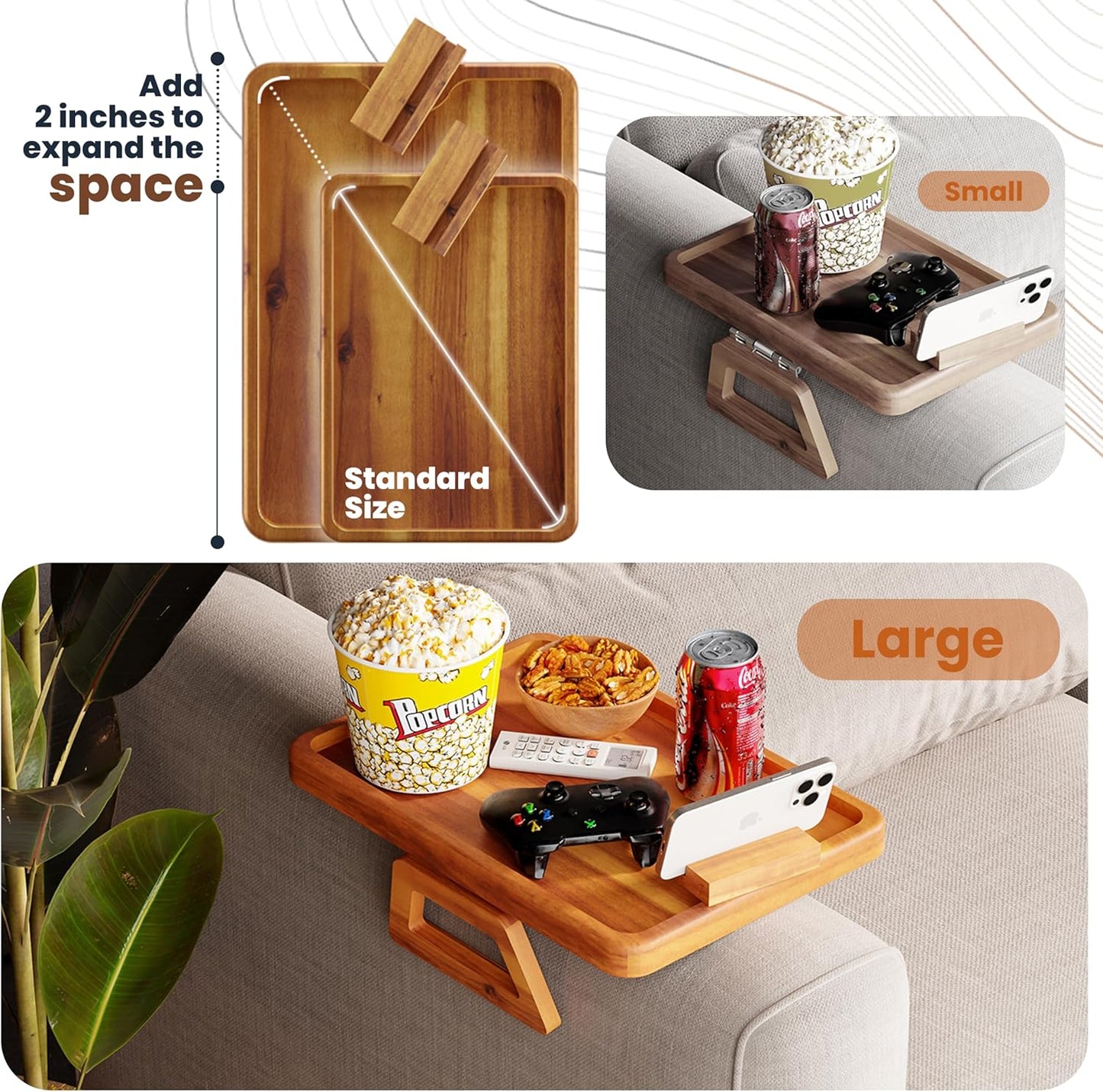 Tinamo 15.7" x 11" Large Couch Arm Table with 360 Rotating Phone Holder - Sofa Arm Clip Table for Living Room - Sofa Armrest Tray Wide Couches - Wooden Side Tables for Eating and Drink (Acacia Wood)