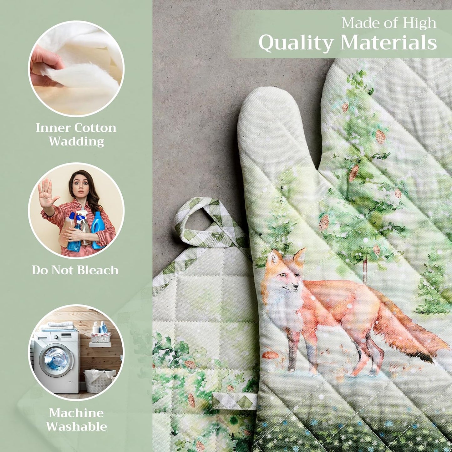 Maison d' Hermine 100% Cotton Oven Mitt & Pot Holder Set (7.5"x13" & 8"x8") Heat Resistant BBQ Cooking Gloves with Loop, Baking, Grilling, Kitchen, Handling Hot Pans (Winter Mornings)