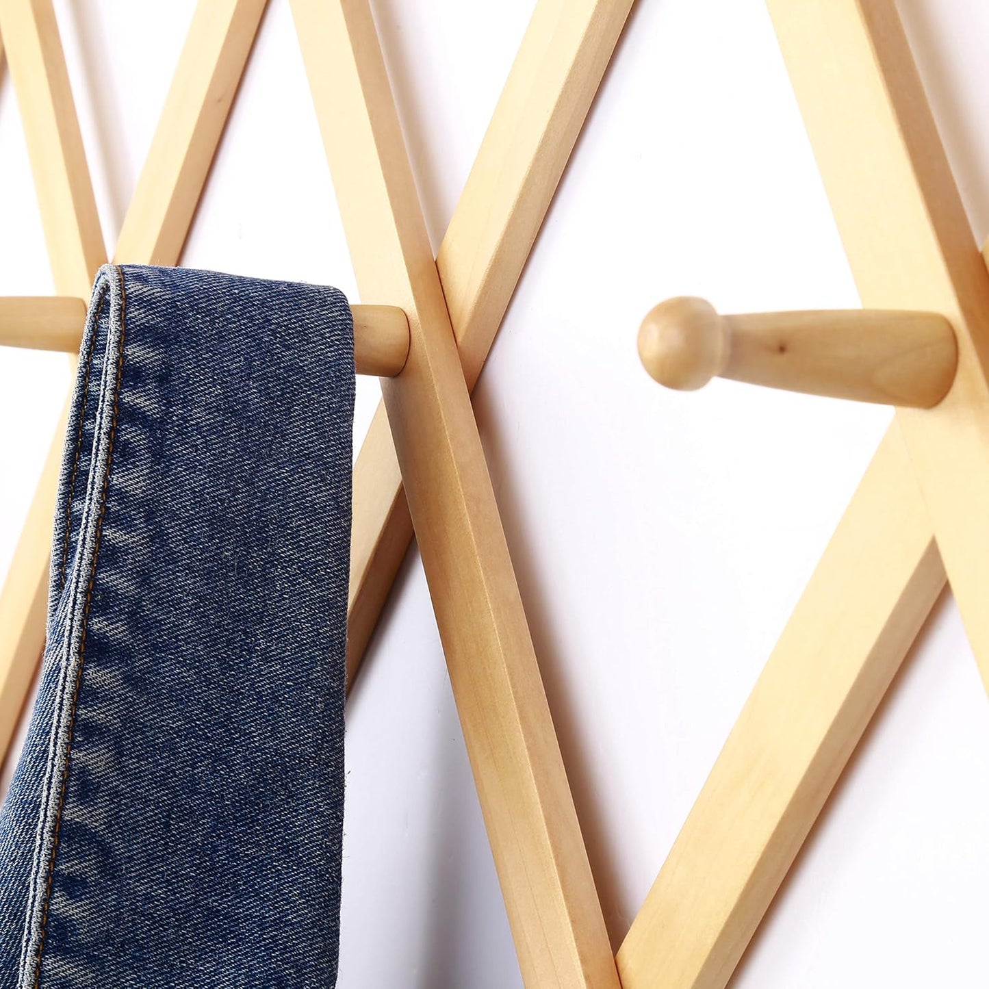 Dseap Accordian Wall Hanger: 16” High Wooden Wall Expandable Coat Rack, Hat Rack Holder, Accordion Hook for Baseball Caps, Coats, Mugs, 17 Peg Hooks, Natural