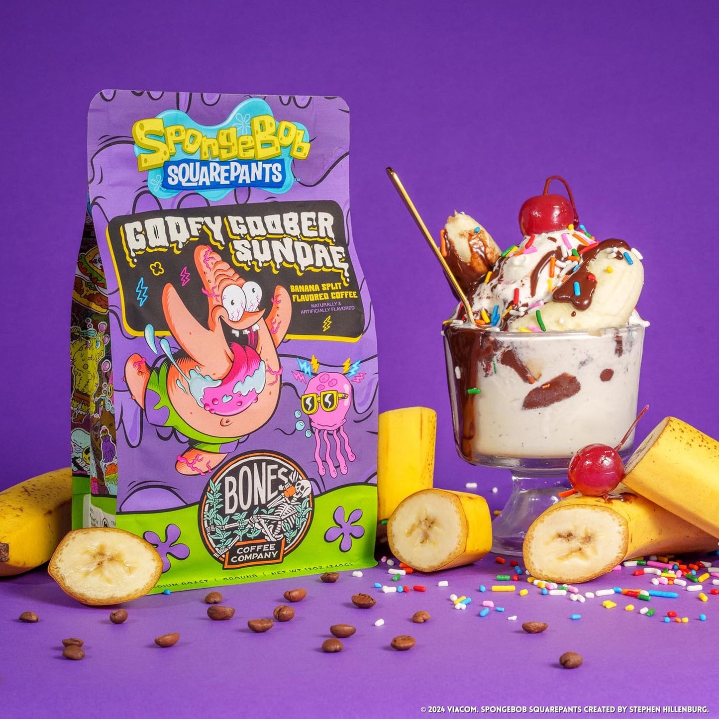 Bones Coffee Company Spongebob Goofy Goober Sundae, Banana Split Flavored Coffee, Medium Roast Low Acid Arabica Beans Compatible with Auto drip and French Press Coffee Maker, 12 Oz Ground
