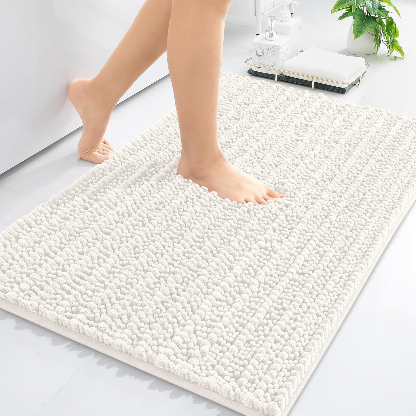 Arotive Luxury Chenille Bathroom Rug Mat, Extra Soft Thick Absorbent Shaggy Bath Rugs, Non-Slip Machine Wash Dry, Plush Bath Mats for Bathroom, Shower and Tub, 24x16, Ivory