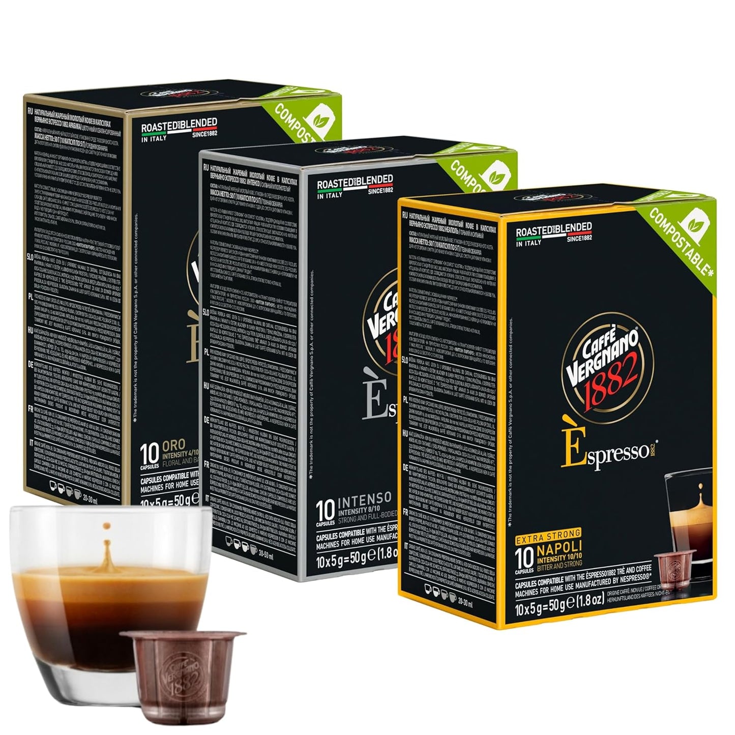 Caffe' Vergnano Medium Roast Espresso Bundle - Original Line Machine Compatible Arabica Robusta Italian Coffee For Nespresso Coffee Machines, Oro, Intenso, Napoli - 10 of Each Flavor (30 Capsules)