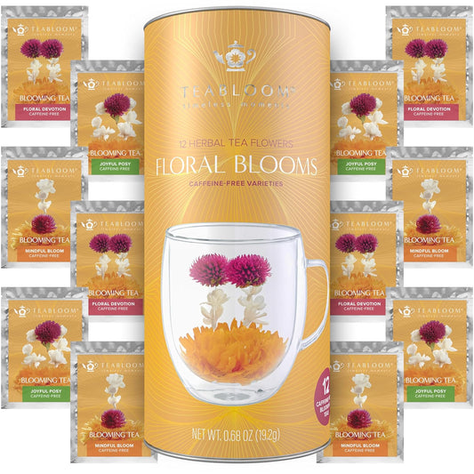Teabloom Caffeine-Free Petite Blooming Teas - Gift Canister of 12 Assorted Flowering Teas - Ideal with Teabloom Borosilicate Glass Cups or Smaller Teapots