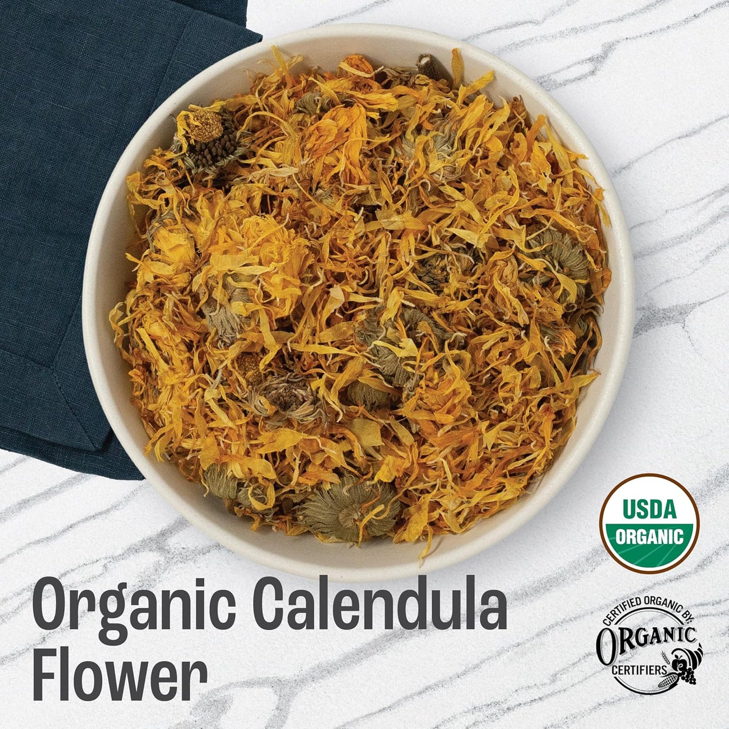 J Mac Botanicals, Organic Calendula Flower (16 ounce), whole dried flowers and petals, loose leaf tea, marigold flower, USDA Certified Organic. Great for loose leaf teas, cocktail bombs, salve