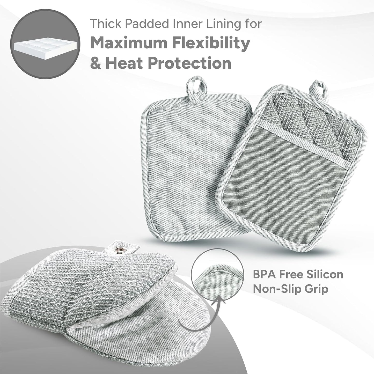 Casa Platino Heat Resistant Oven Mitts & Potholders, 4-Piece – Oven Mitts and Pot Holders Sets for Baking, Grilling & Microwave – Withstands Heat Up to 500°F, Non-Slip, Machine Washable – Grey