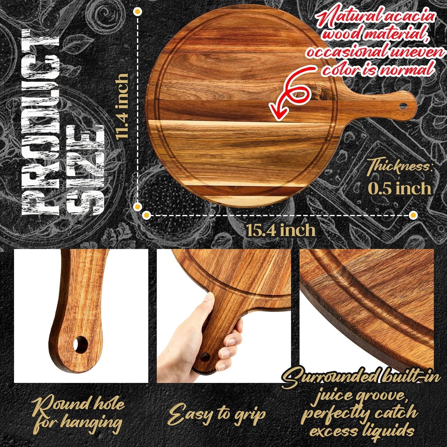 Nuenen 10 Pcs Round Wood Cutting Board with Handle Acacia Wooden Serving Kitchen Chopping Boards for Pizza, Bread, Cheese, Charcuterie, Fruit, Vegetables(Acacia)