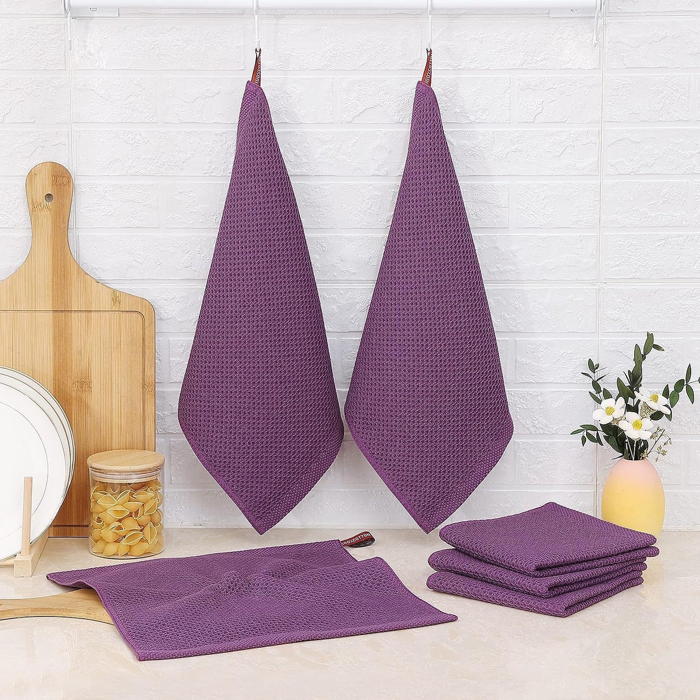 Kitinjoy 100% Cotton Kitchen Dish Cloths, 8 Pack Waffle Weave Ultra Soft Absorbent Dish Towels for Drying Dishes Quick Drying Kitchen Towels Dish Rags, 12 X 12 Inches, Violet
