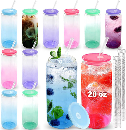 Joyclub 20oz Glass Cups with Acrylic Lids and Straws 12 Set Can Shaped Glass Iced Coffee Cups with Lids, Gradient Drinking Glasses Cute Tumbler Cup Great for Smoothie Soda Boba Tea Cocktail Beer Gift