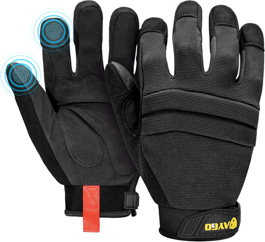 KAYGO Work Gloves For Men, KG125M Mechanic Utility Work Gloves for All Purpose, Excellent Grip, Heavy Duty, Improved Dexterity, Touch Screen,Black, L