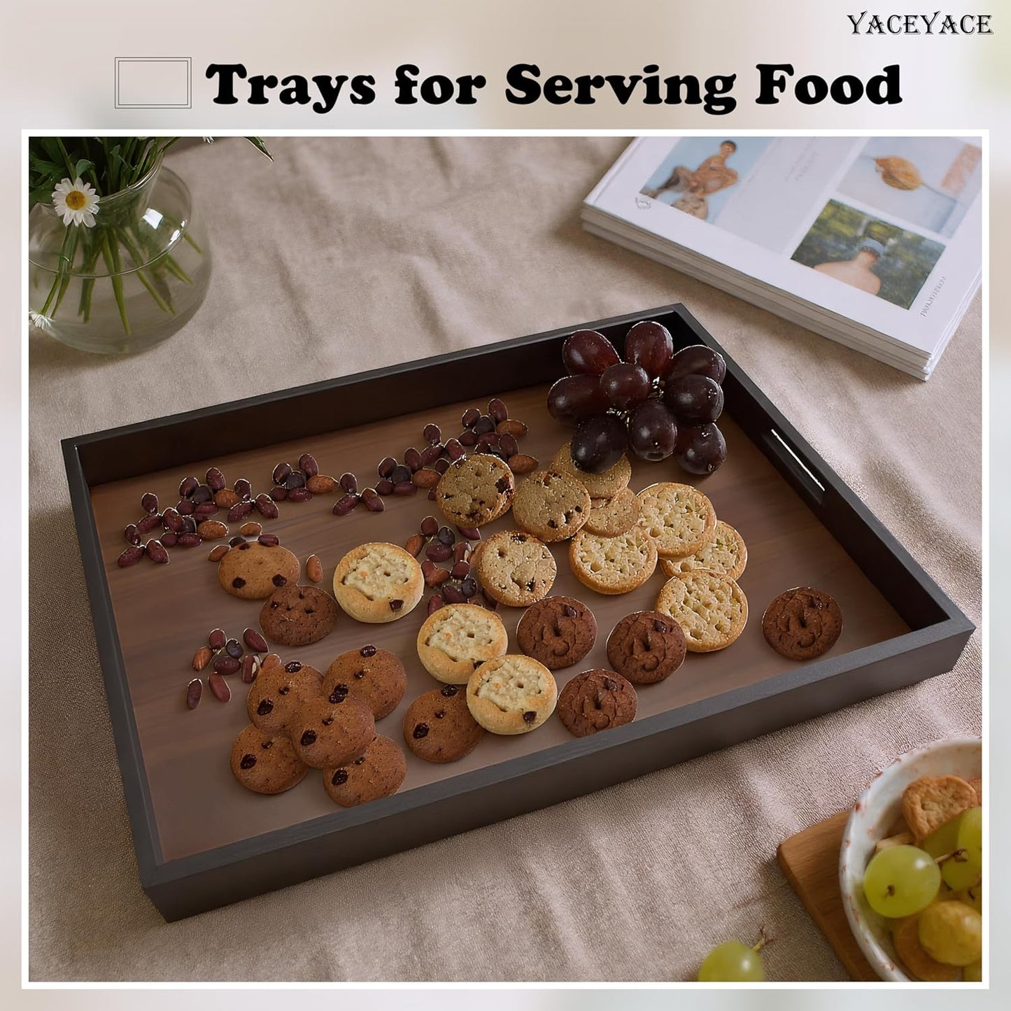 Wood Serving Tray, 13"x8.7"x1.5" Small Food Tray for Party, Dining, Home Decor, Bed, Bathroom, Living Room, Drink, Coffe Table