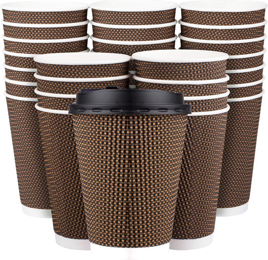 Promora Brown Disposable Coffee Cups With Lids 12 oz, Premium Insulated Paper Ripple Cups for Hot Coffee, Paper Cups 12 oz Coffee Cups 12 oz, Paper Coffee Cup with Lids (80 Pack)