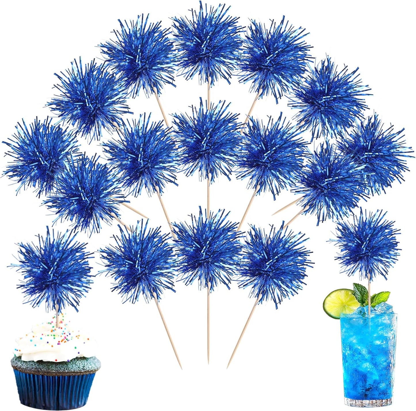 40 PCS Foil Firework Cupcake Toppers Sparkle Tinsel Cupcakae Picks Sparkler Fireworks Party Decorations Cocktail Fruit Toothpick for Birthday Wedding Graduation Party Decorations Supplies Dark Blue
