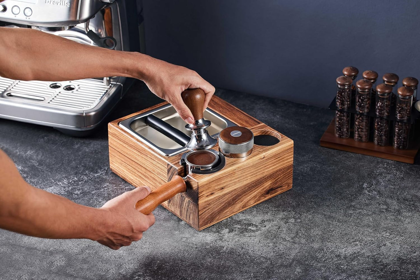 Espresso Knock Box and Tamping Station with Removable Organizer for 51mm, 54mm Ideal for Espresso Enthusiasts and Family Baristas