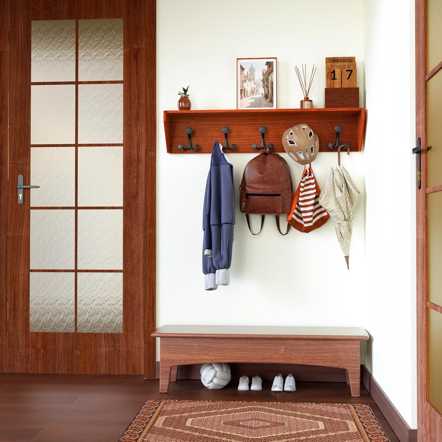 SKOLOO Wall Shelf with Hooks, 24-Inch Cherry Coat Rack Wall Mount with Shelf Organizer - Lightweight & Sturdy, 5 Tri Hooks - Perfect for Entryway, Hallway, Living Room, Bedroom, Mudroom