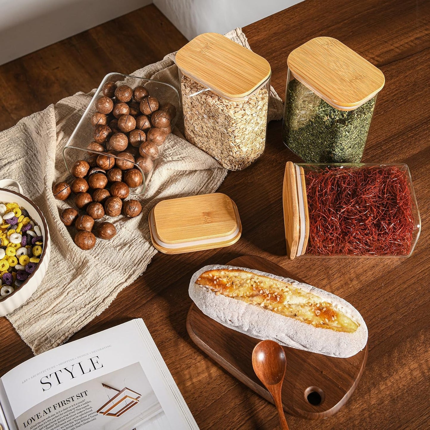 37oz Rectangle Airtight Glass Storage Containers with Bamboo Lids (Set of 6), Square Food Storage Jar, Pantry Organizers for Cereal, Nuts, Snacks and Coffee beans (‎with Black Lable)