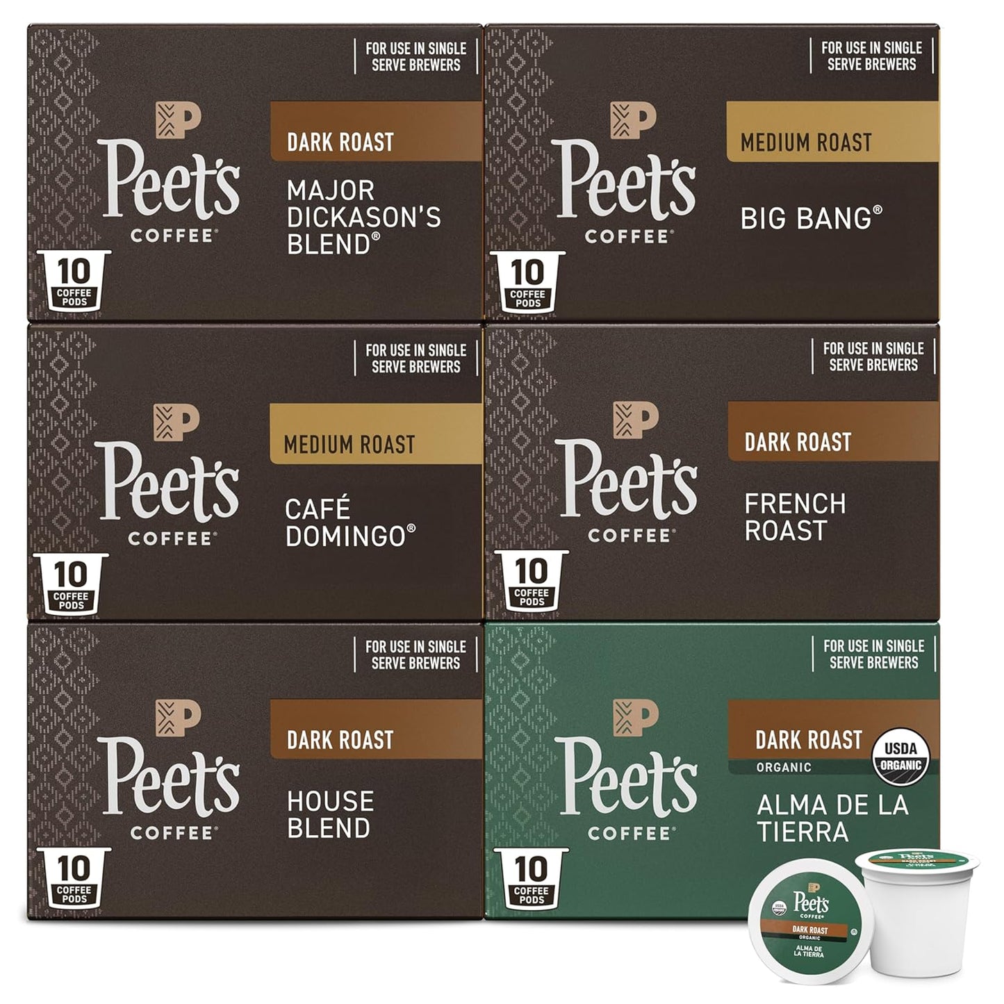 Peet's Coffee, Single Serve Coffee Pods Variety Pack - Major Dickason's Blend, Big Bang, French Roast, Café Domingo, Organic Alma De La Tierra, House Blend, 60 Count (6 Boxes of 10 Pods)