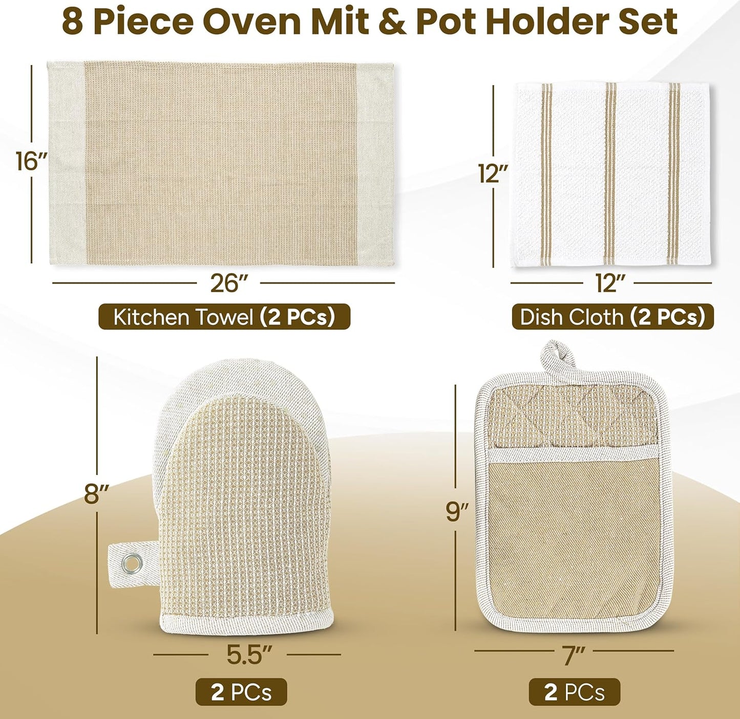 Casa Platino Pot Holders and Oven Mitts, 8-Piece – 500°F Heat Resistant Mini Oven Mitts with Silicone Grip, Potholders for Kitchens, 2 Kitchen Towels & 2 Dish Cloths – Non-Slip & Durable – Beige