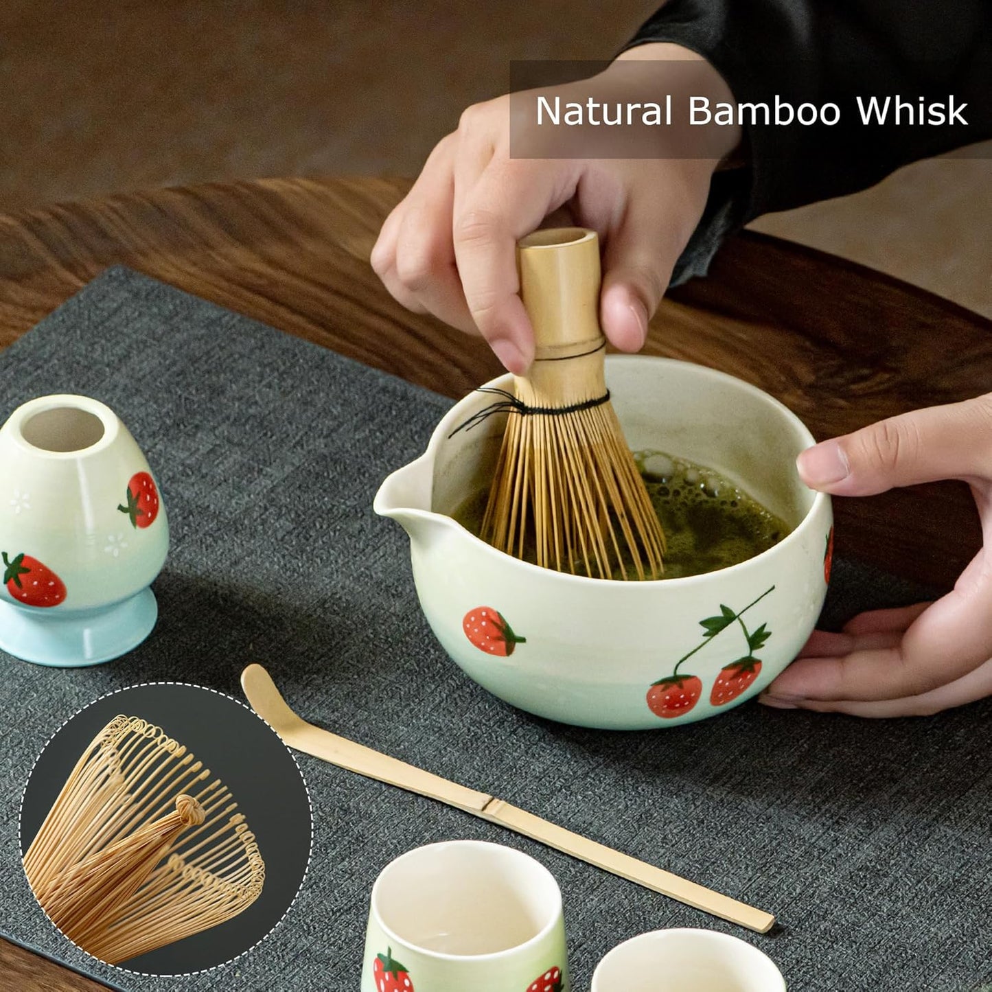 Matcha Whisk Set, Cute Strawberry Matcha Bowl Set with 2 Cups, Bamboo Whisk, Scoop & Holder, Matcha Kit Gift for Tea Lovers and Tea Ceremony, Birthday, Anniversary