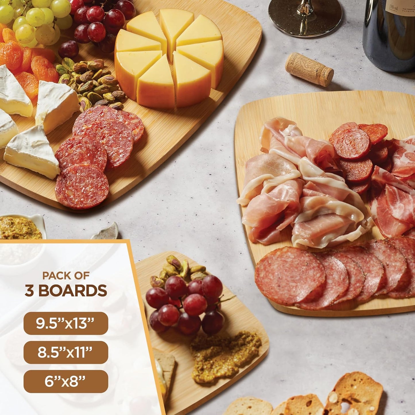 Bamboo Cutting Board Set of 3 - Reversible Wooden Cutting Boards for Kitchen, Chopping Meat, Cheese, Vegetables, Bread, Charcuterie, Serving Tray - 13"x9.5", 11"x8.5", 8"x6" Boards