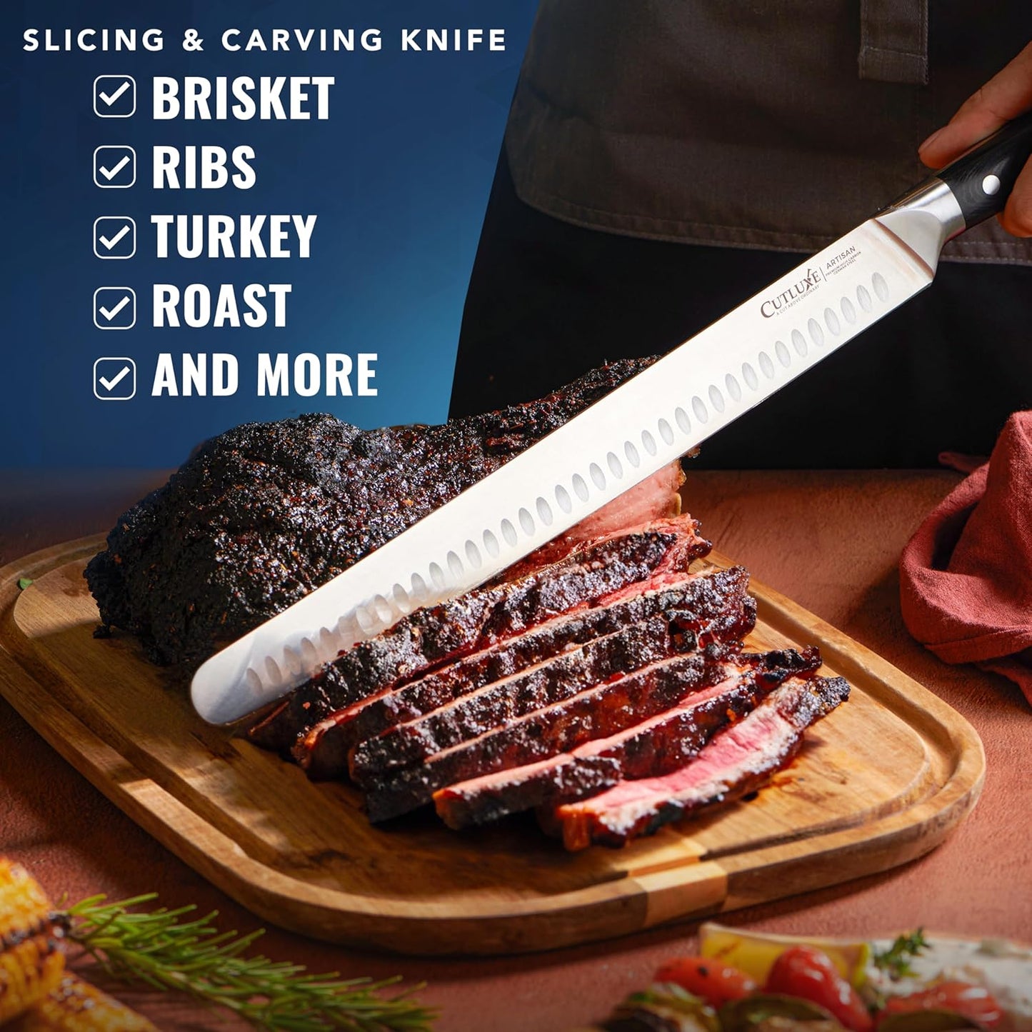 Cutluxe Slicing Carving Knife – 12" Brisket Knife, Meat Cutting and BBQ Knife – Razor Sharp German Steel, Sheath Included, Full Tang, Ergonomic Handle Design – Artisan Series