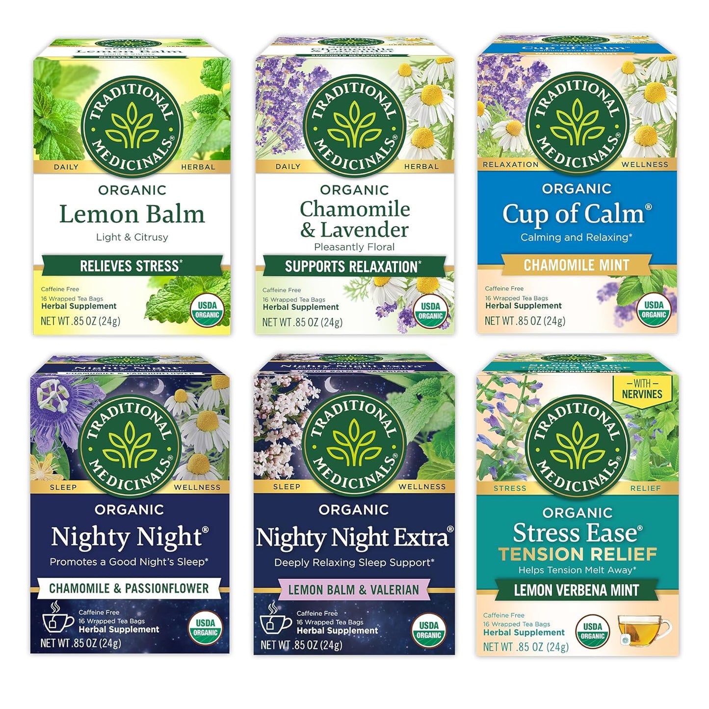 Traditional Medicinals Organic Herbal Tea Variety Pack for Stress and Sleep Support, 6 Flavors, Lavender, Chamomile, Lemon & Valerian Root, 96 Tea Bags, (6 Pack)