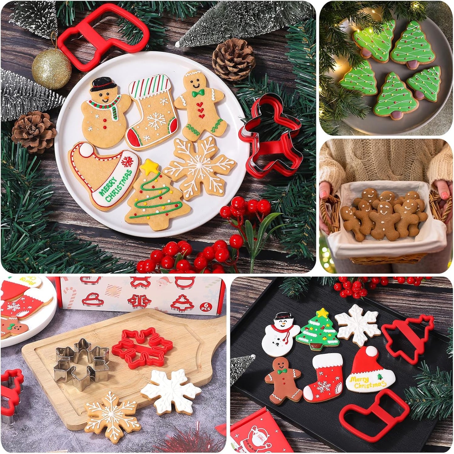 Christmas Cookie Cutters, 6 Pcs Winter Holiday Cookie Cutter Set, Stainless Steel Cookie Molds with Comfort Grip - Christmas Stocking, Snowman, Christmas Tree, Gingerbread Man, Santa Hat, Snowflake