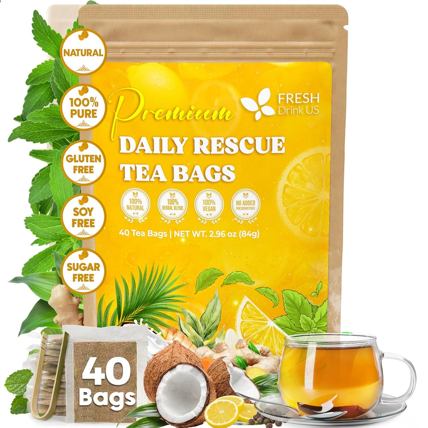 FreshDrinkUS, Premium 40 Tea Bags Daily Rescue Lemon Ginger Tea - 9 Superherbs – 100% Natural Ingredients, Tea Mix for Wellness Boost - Shelf-Stable, Caffeine-Free, Sugar-Free, Vegan
