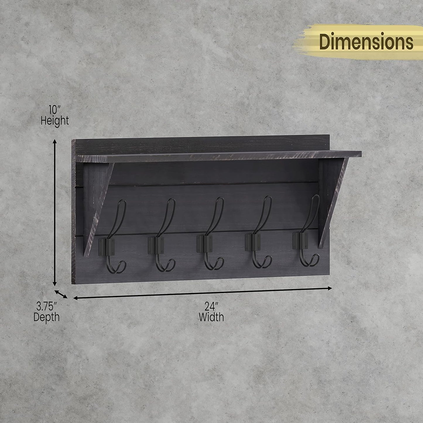 HBCY Creations 24" Wall Mounted Storage Rack - Pine Wood Construction - Black Wash - Upper Storage Shelf - 5 Hooks - Ideal for Entryway, Kitchen, Bathroom