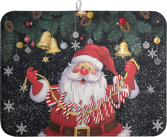 Christmas Santa Claus Dish Drying Mat Winter Drying Dish Mat for Kitchen Countertops Xmas Dish Dryer Mat Microfiber Dishes Drainer Pad Dish Drying Pad (18x24 in)