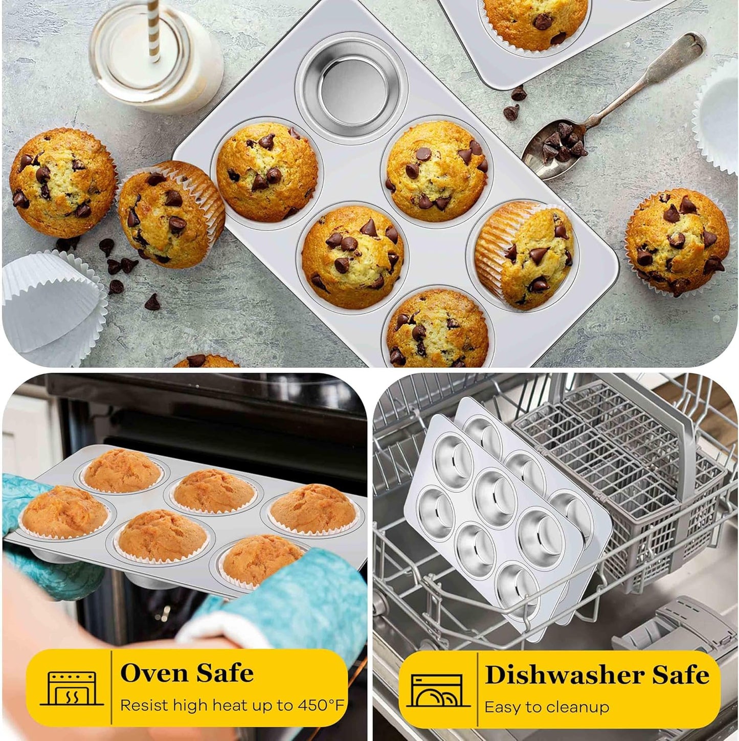 Homikit 1 Pack Muffin Pan, Stainless Steel Cupcake Tin with 6 Cups Regular Size, Thick Metal Egg Bites Bakeware for Oven Baking, Rust Free & Non Toxic, Also Be Snack Tray for Kids, Dishwasher Safe