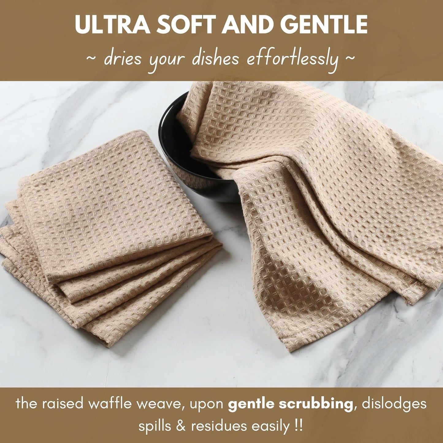 Native Fab Cotton Kitchen Towel with Hanging Loop 16x26 inches, 4-Pack, Waffle Weave Kitchen Towels for Cleaning Drying, Washcloths Soft & Absorbent Cloth Rags, Bar Towel, Dish Cloth, Beige