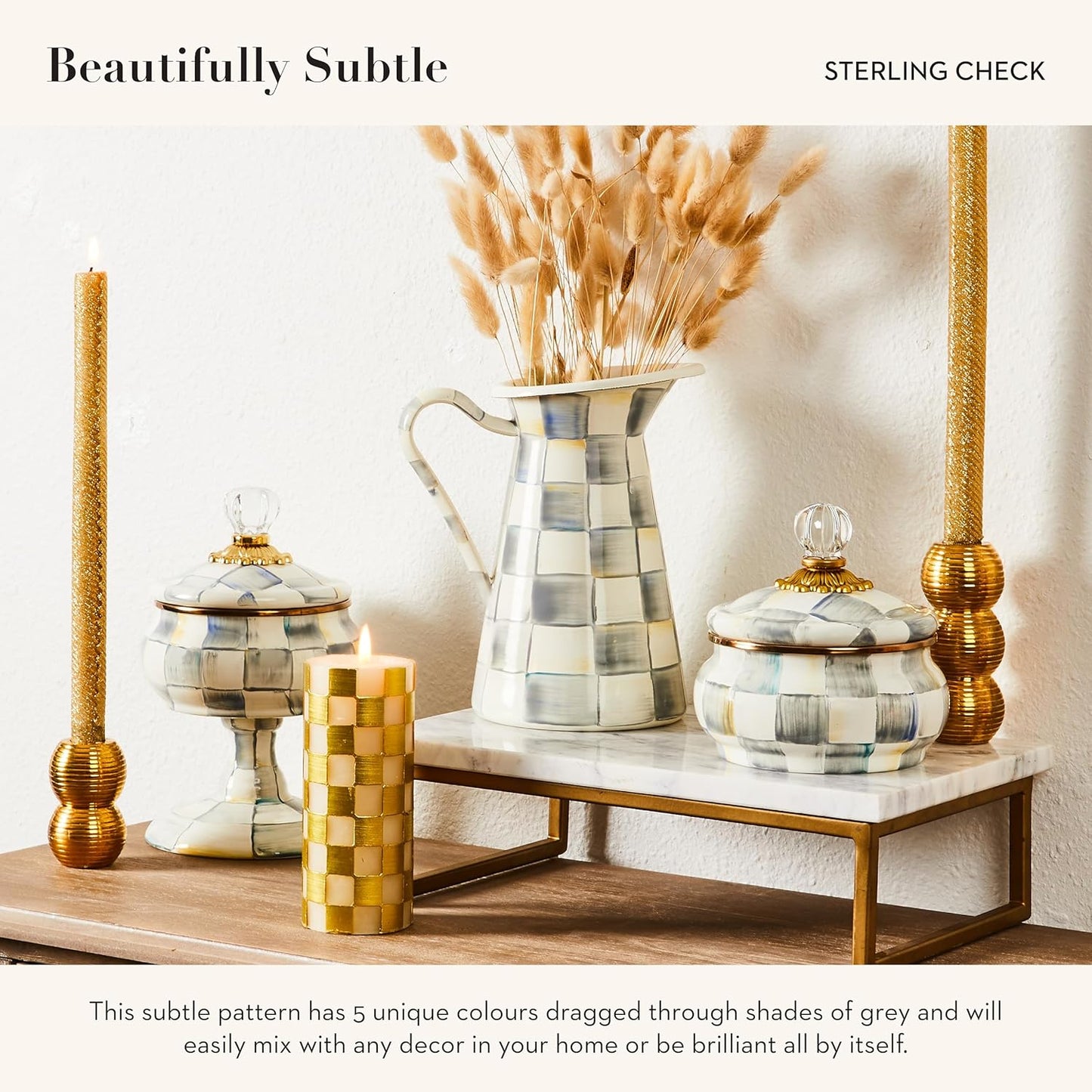 MACKENZIE-CHILDS Enamel Tea Kettle, Stylish Tea Kettle for Stovetop, Grey-and-White Sterling Check, 2 Quarts