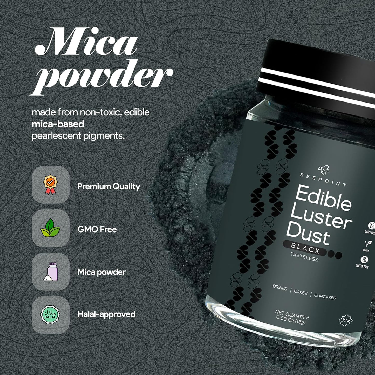 BeePoint Black Edible Luster Dust 15g - Food Grade, Vibrant Color Shimmer Powdered Dust for Drinks, Cocktails, Cake Decorating, Baking, Chocolates, Candy, Sweets, & Cookies - Vegan & Gluten Free