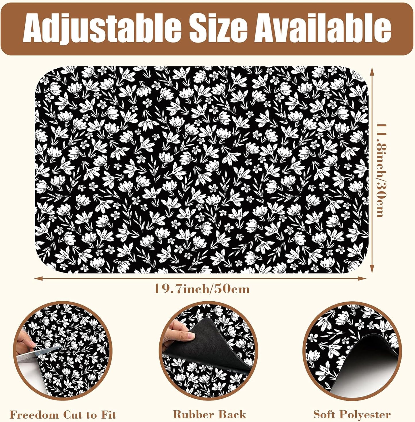 Black and White Flowers Dish Drying Mat for Kitchen Counter Coffee Bar Mat Hide Stain Absorbent Rubber Backed Drying Rack Pad Espresso Machine Coffee Bar Accessories 11.8 x 19.7 Inch